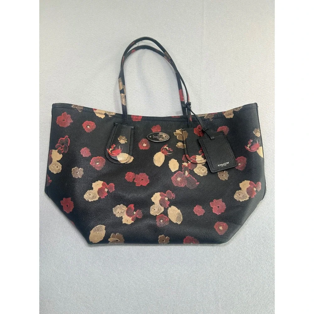 Coach City Tote Womens Large Black Red Gold Floral Print Crossgrain Leather Bag